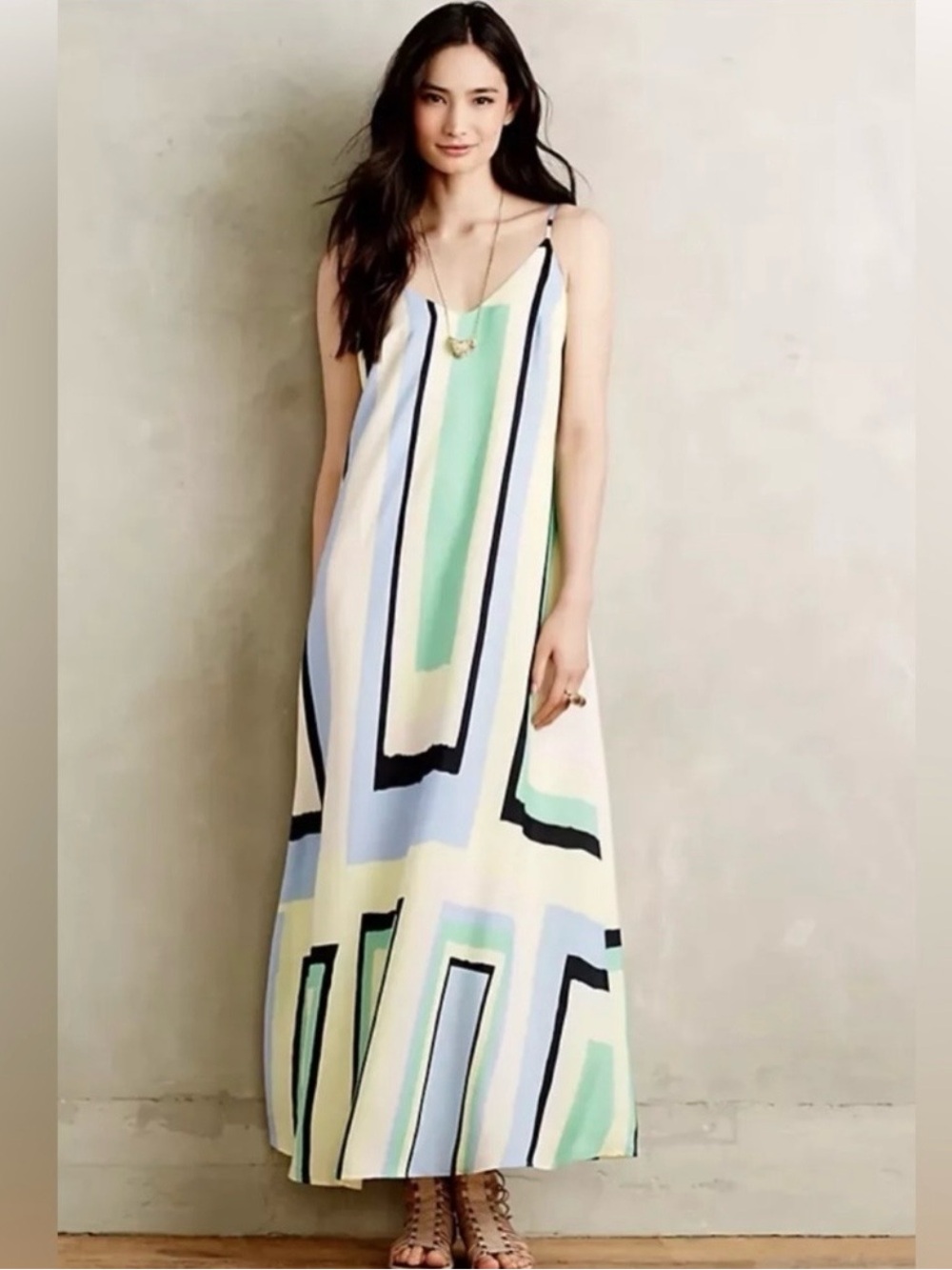 Maeve Strappy Geometric Maxi Dress in Mint, Light Blue & Cream
